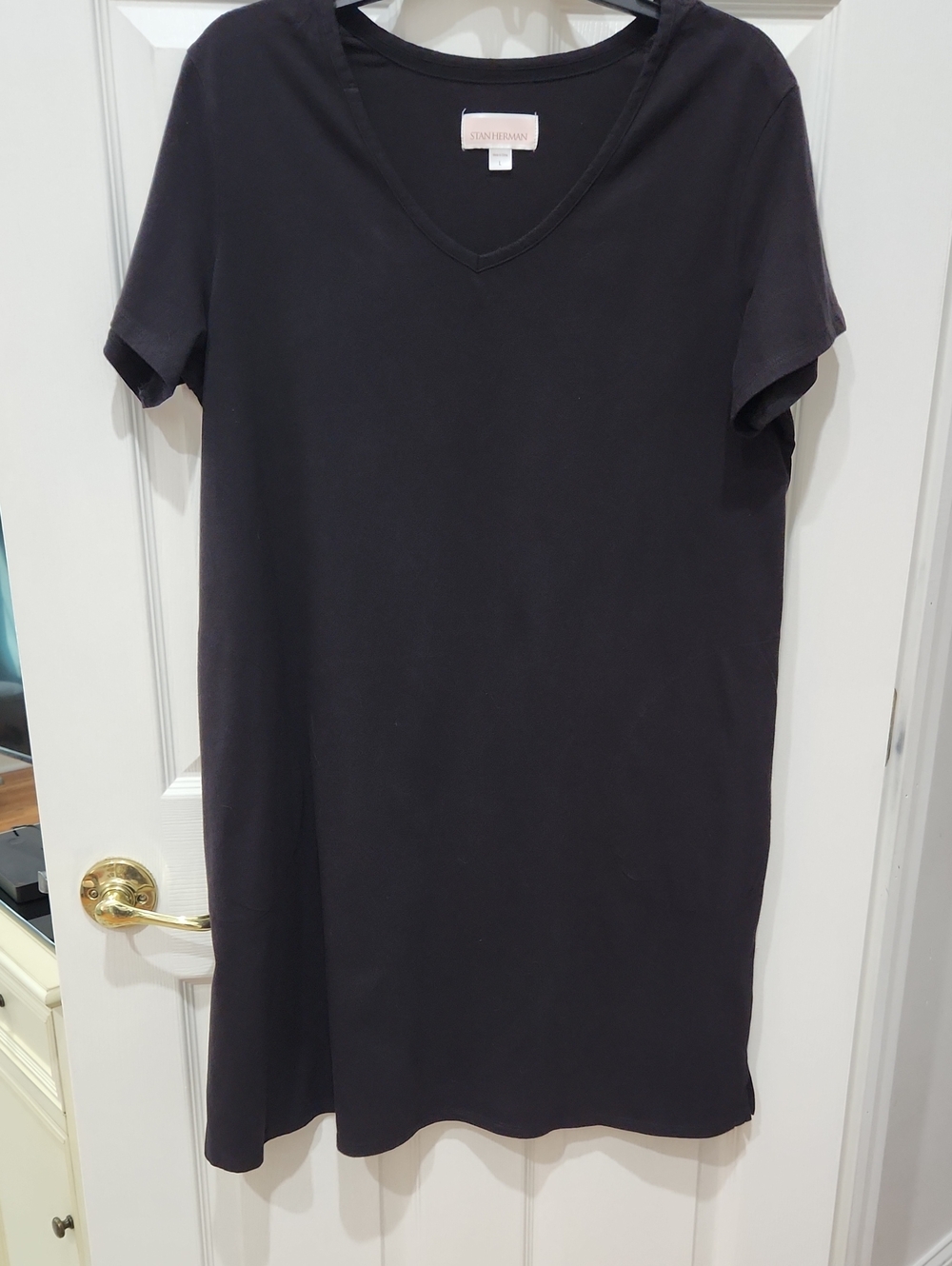 STAN HERMAN COTTON T SHIRT DRESS BLACK SZ L POCKETS, SHORT SLEEVE, V NECK